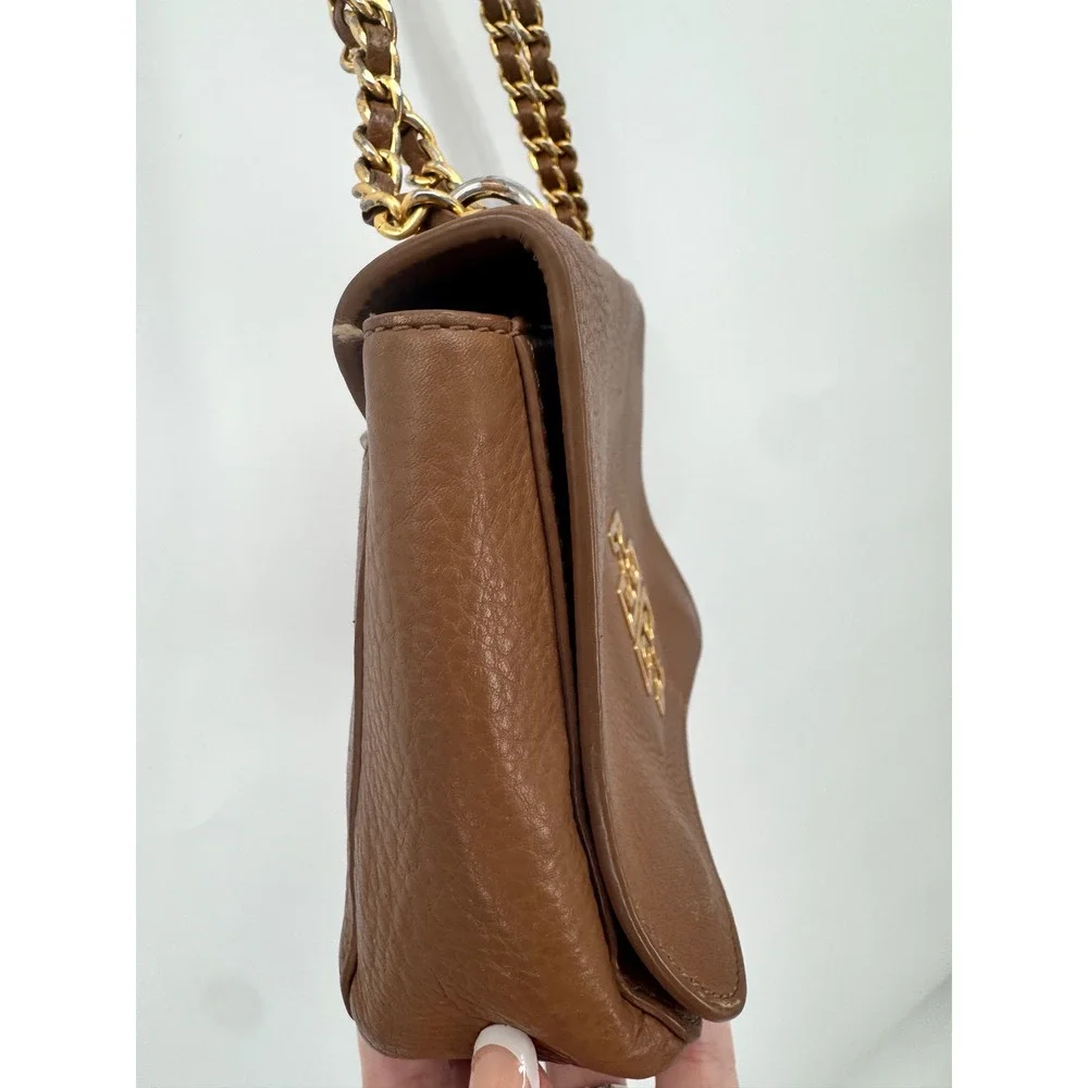 Tory Burch Shoulder Bag Womens Small Brown Leather Chain Strap Flap Logo